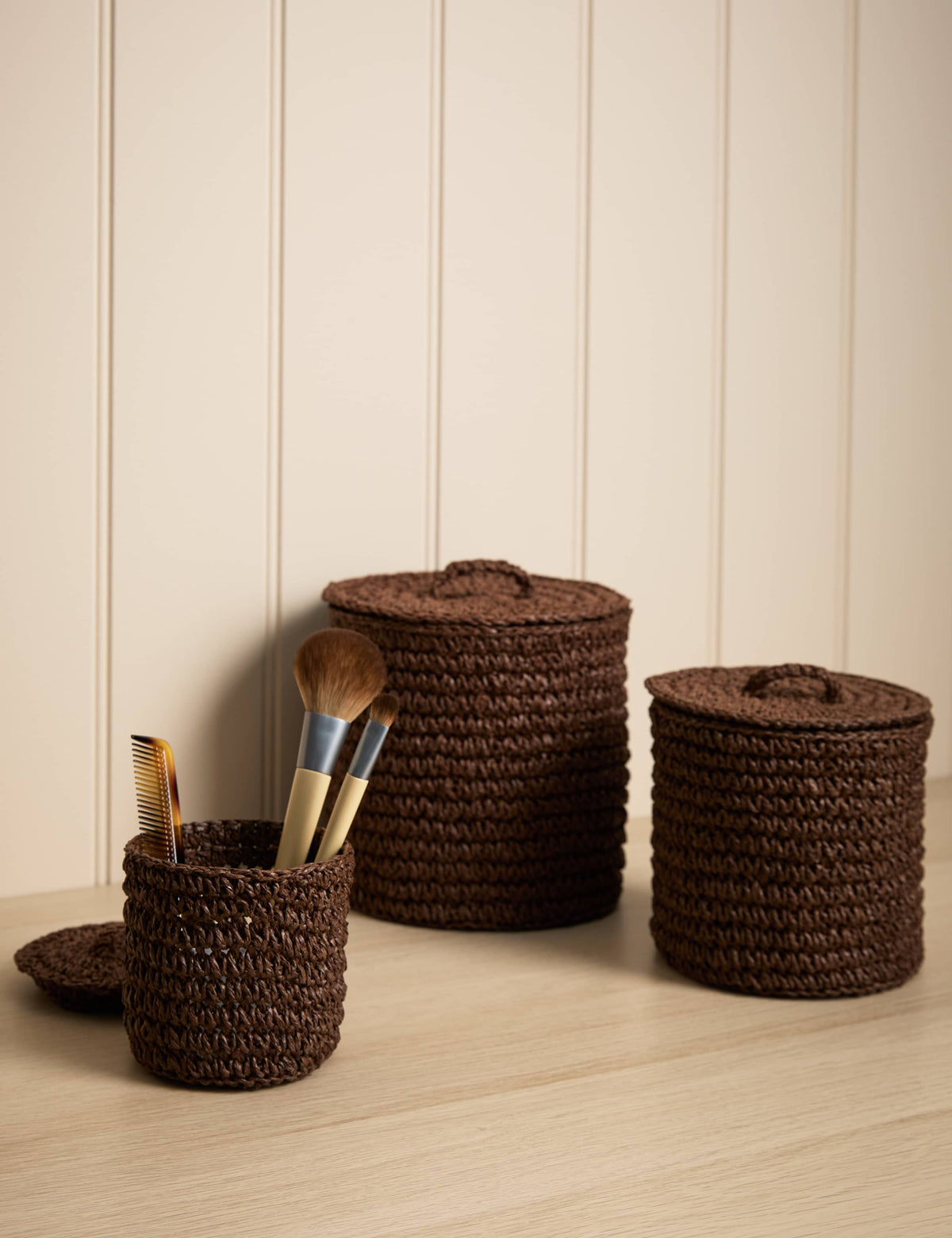 Set of 3 Raffia Small Lidded Pots