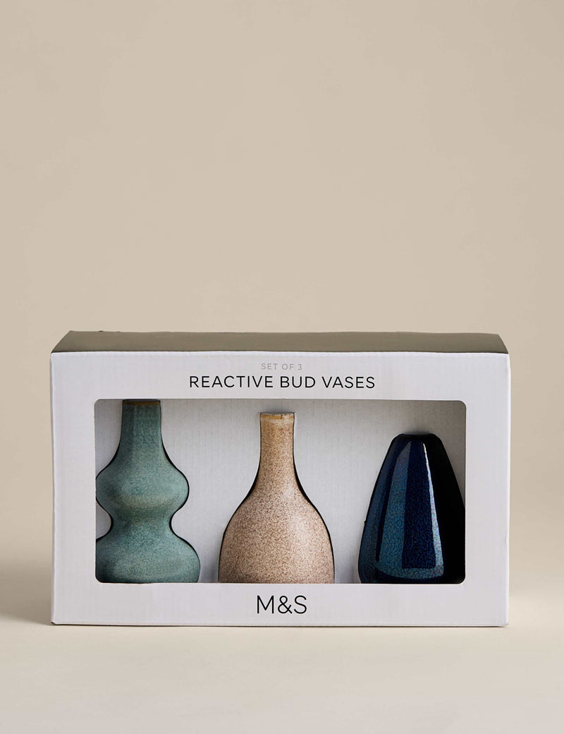 Set of 3 reactive glaze ceramic bud vases, imported from the UK
