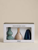 Set of 3 reactive glaze ceramic bud vases, imported from the UK