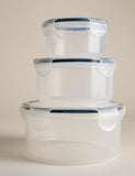 Set of three round clip storage containers 1.5L 800ml 400ml (British brand)