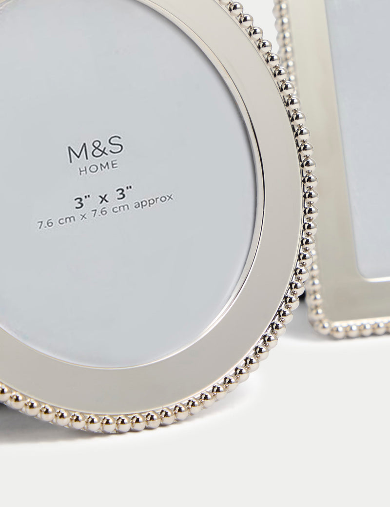 Set of three silver photo frames with square, rectangular, and circular shapes (British brand)