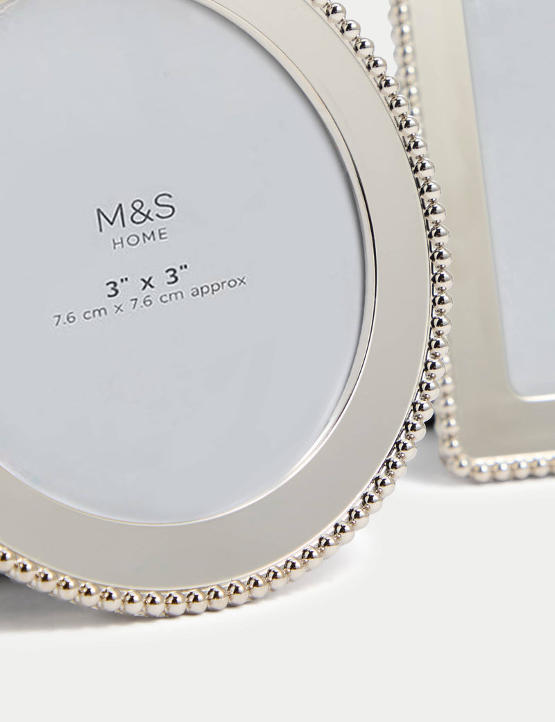 Set of three silver photo frames with square, rectangular, and circular shapes (British brand)