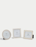 Set of three silver photo frames with square, rectangular, and circular shapes (British brand)
