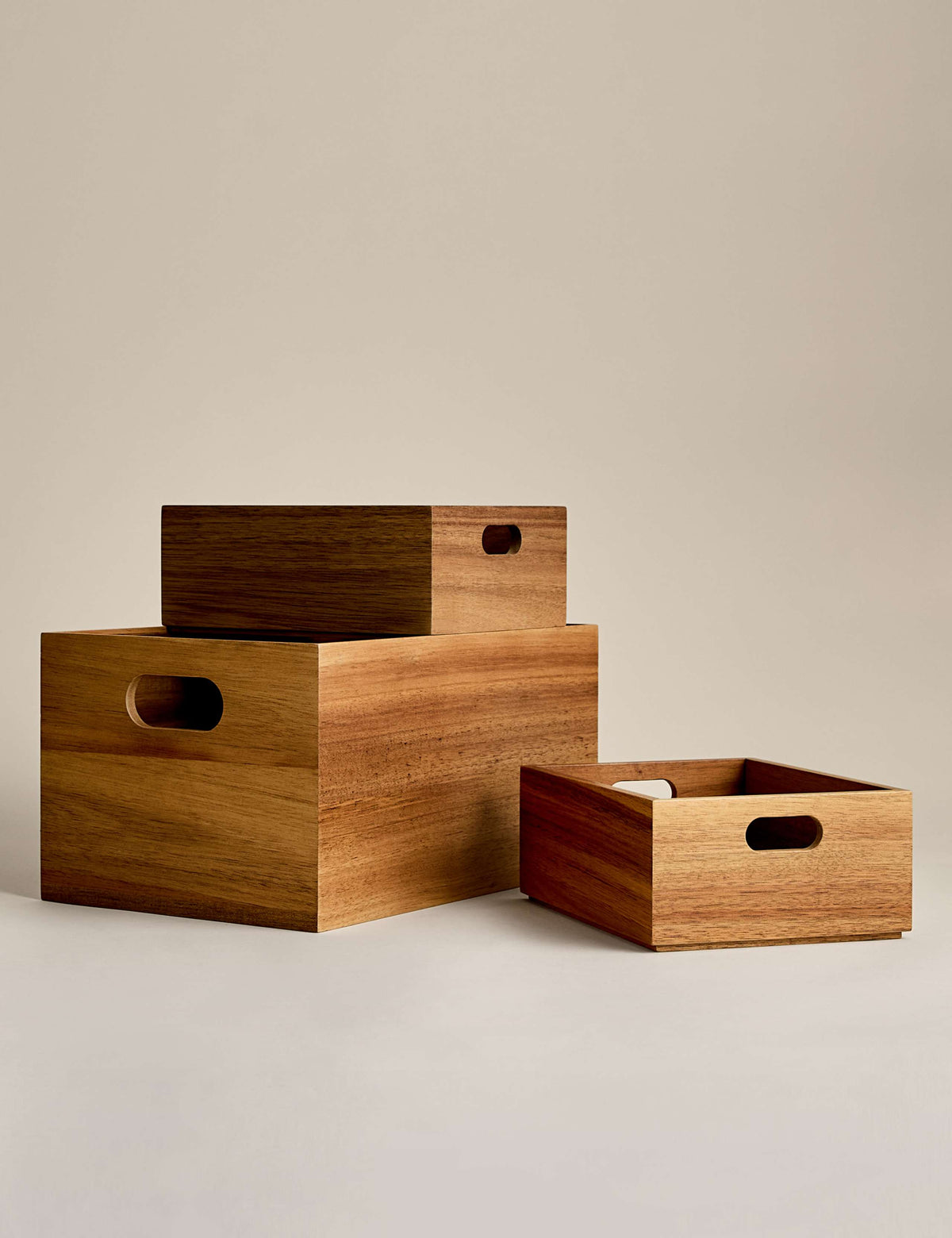 Wooden stacking boxes set of three for kitchen storage (British brand)