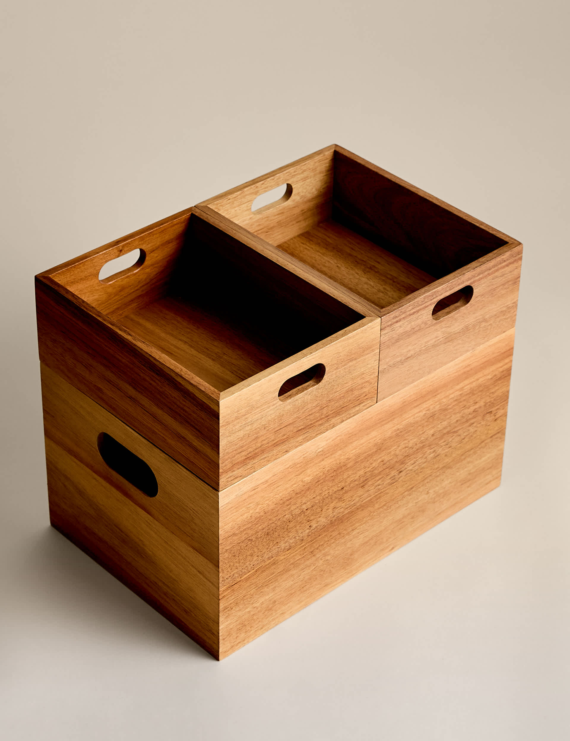 Wooden stacking boxes set of three for kitchen storage (British brand)