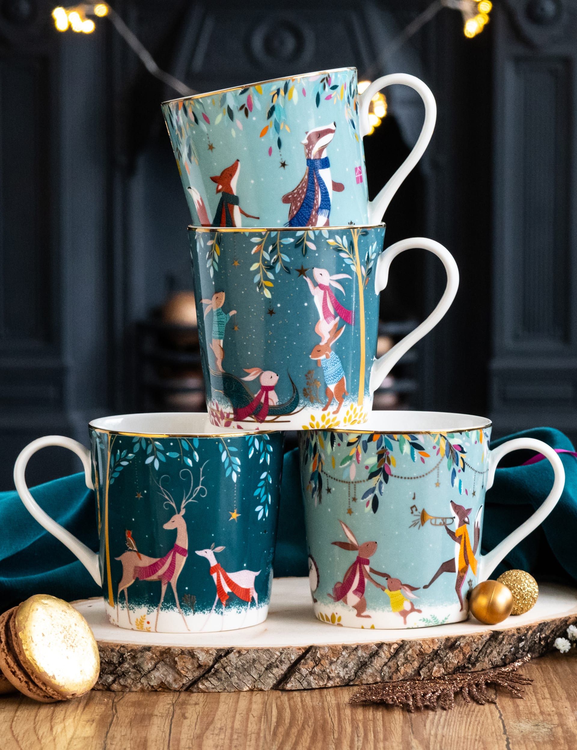 Sara Miller Woodland Tales fine china mugs set of four (British brand)