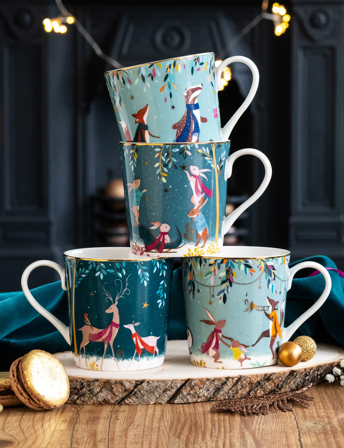Sara Miller Woodland Tales fine china mugs set of four (British brand)