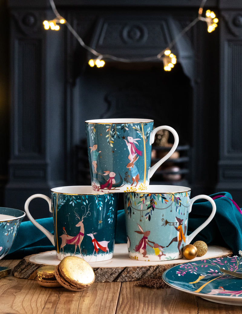 Sara Miller Woodland Tales fine china mugs set of four (British brand)