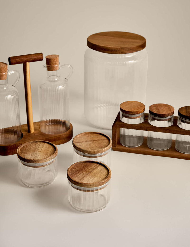 5 ribbed glass spice jars with rack, imported from the UK
