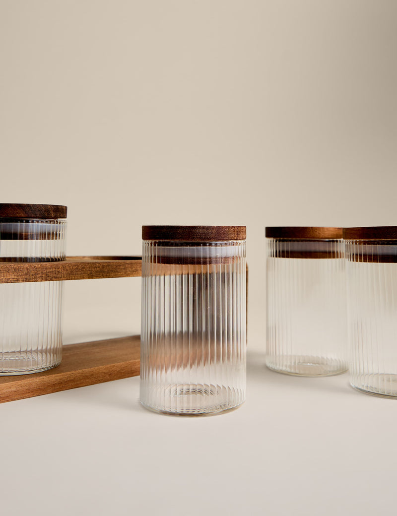 5 ribbed glass spice jars with rack, imported from the UK