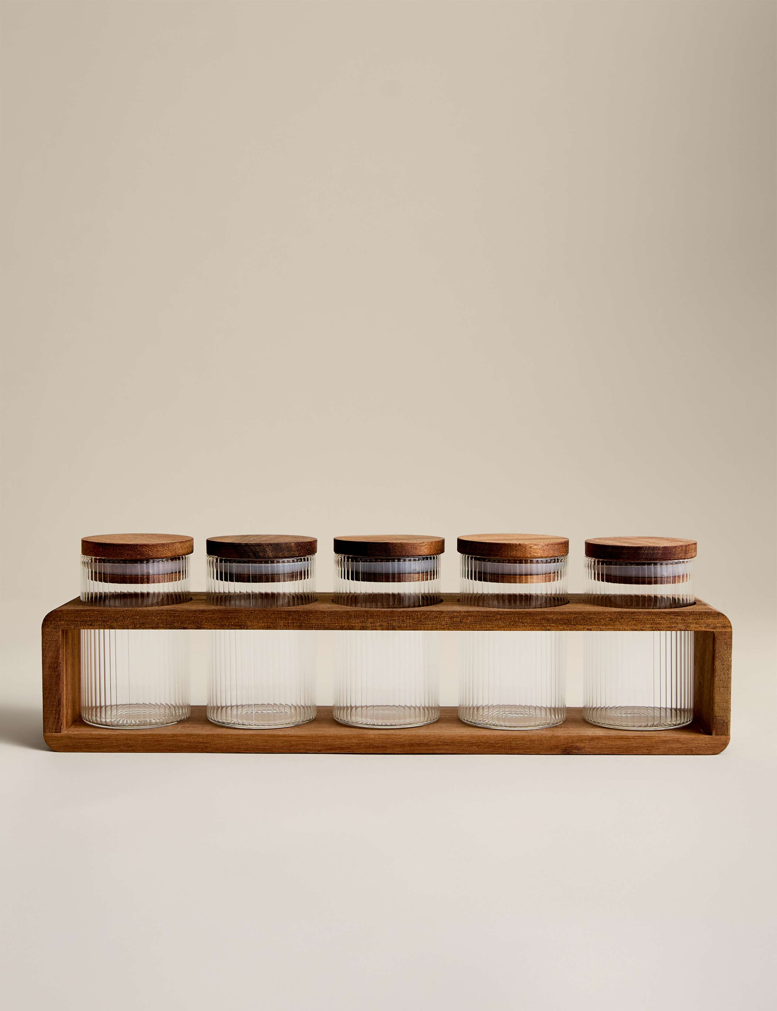 5 ribbed glass spice jars with rack, imported from the UK