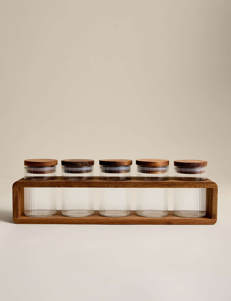 5 ribbed glass spice jars with rack, imported from the UK