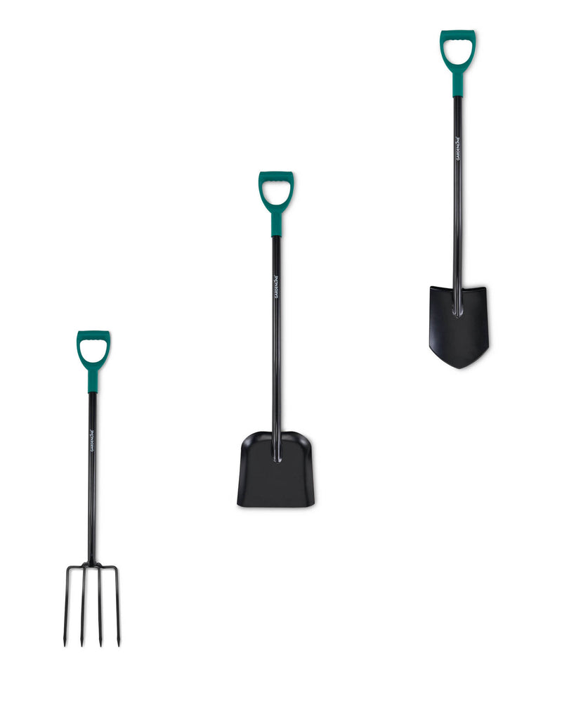 Spade fork and shovel garden tool with ergonomic handle, UK version