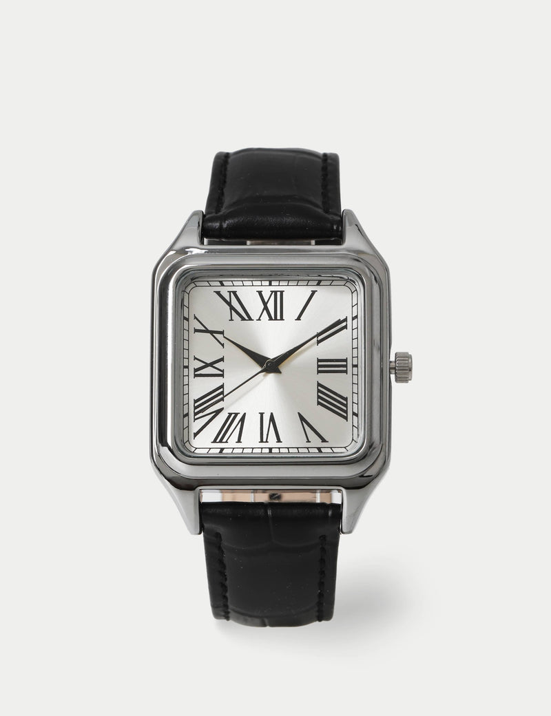 Watch silver square leather strap, imported from the UK