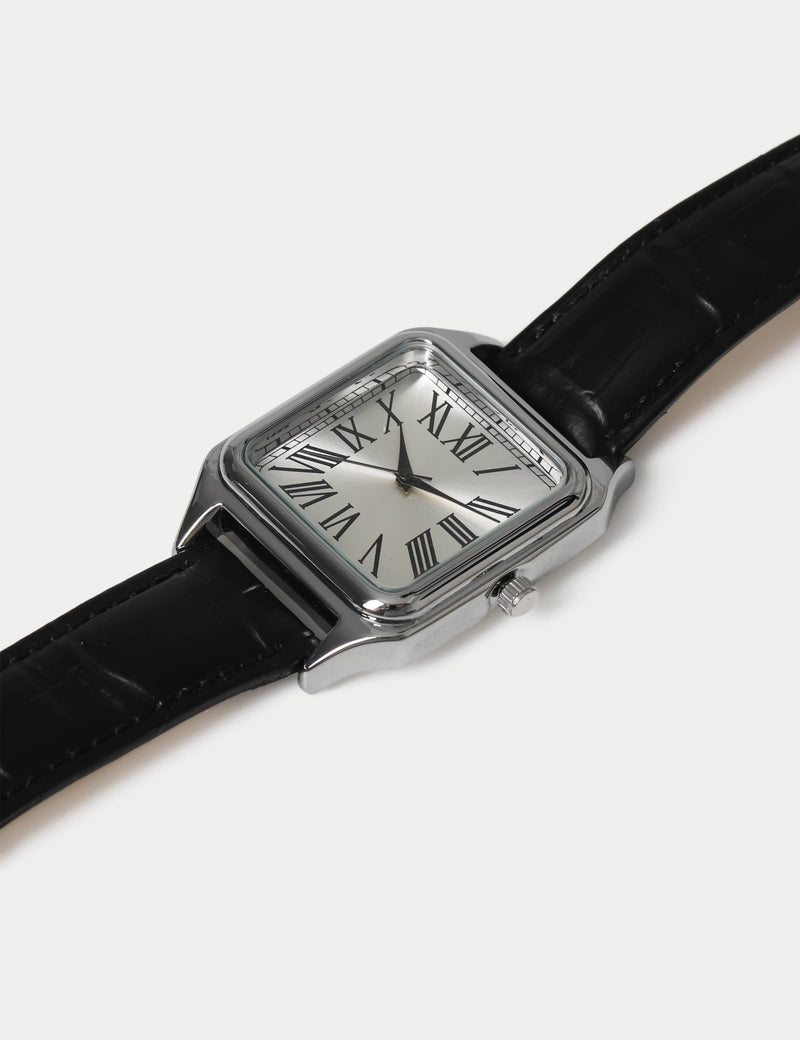 Watch silver square leather strap, imported from the UK