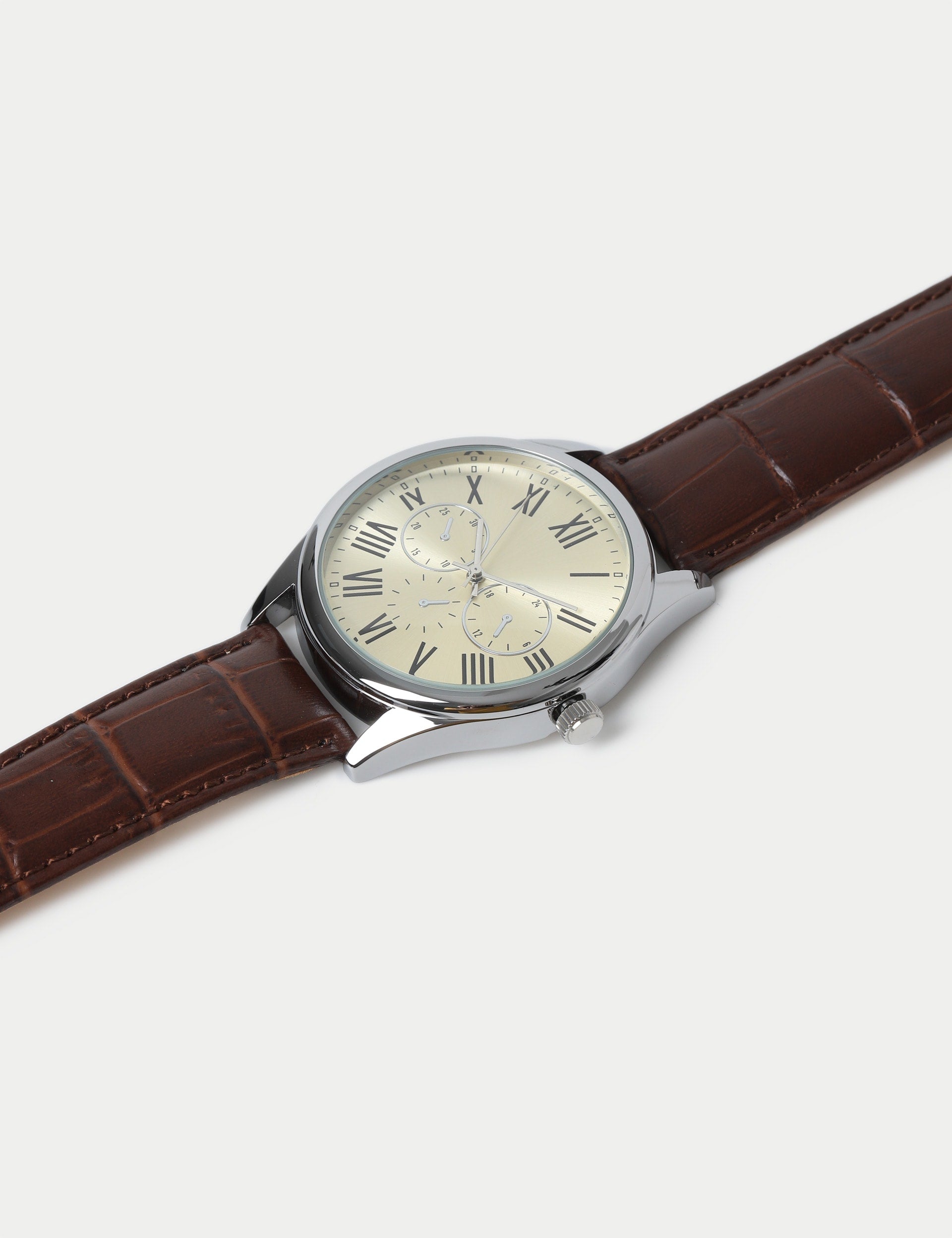 M&S silver tone round face croc strap watch (British brand)