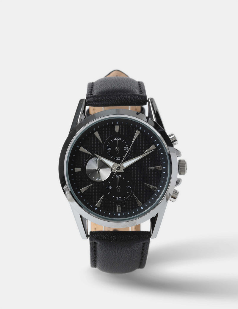 Silver tone round face watch leather strap imported from the UK