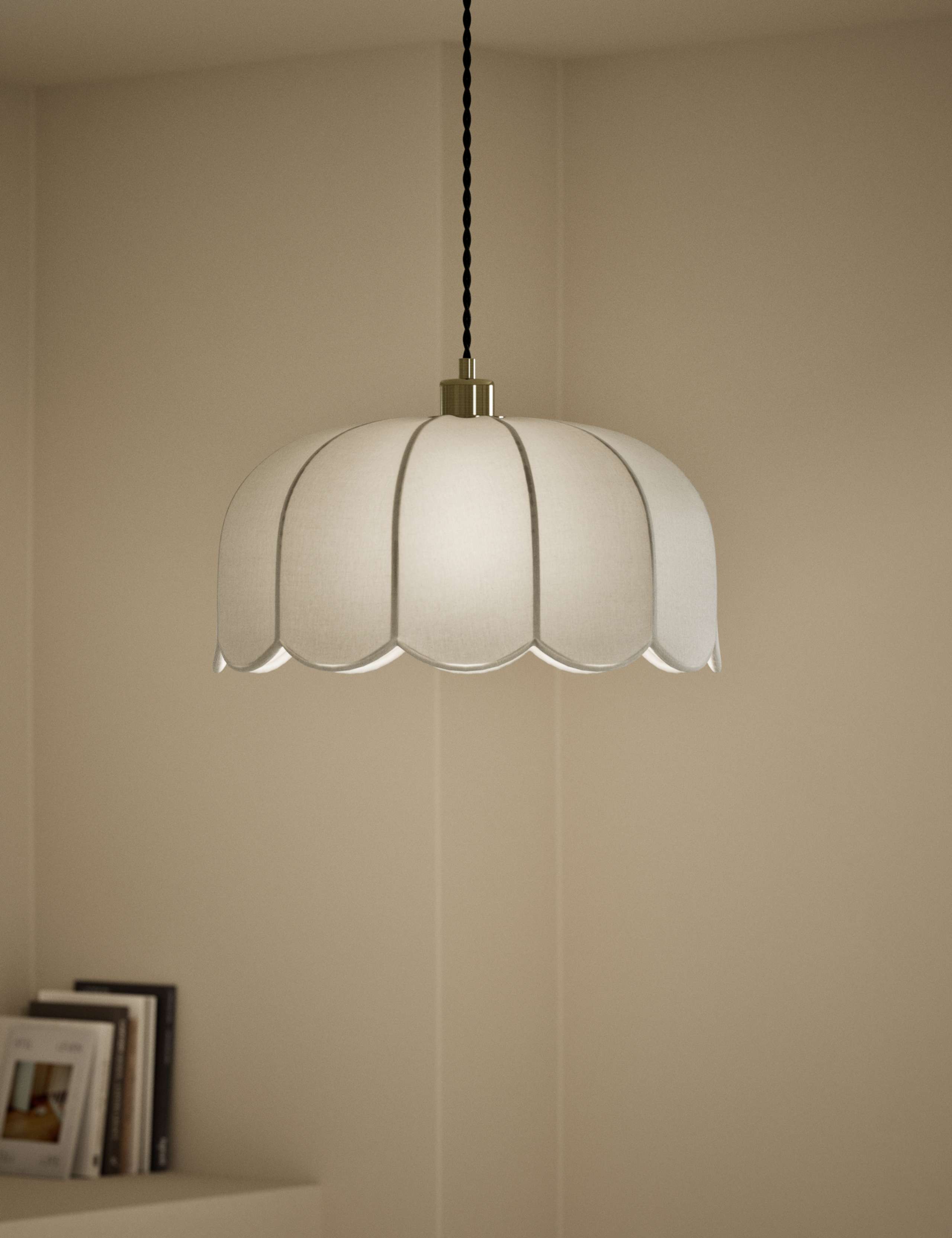Pendant light scalloped linen with antique brass, imported from the UK