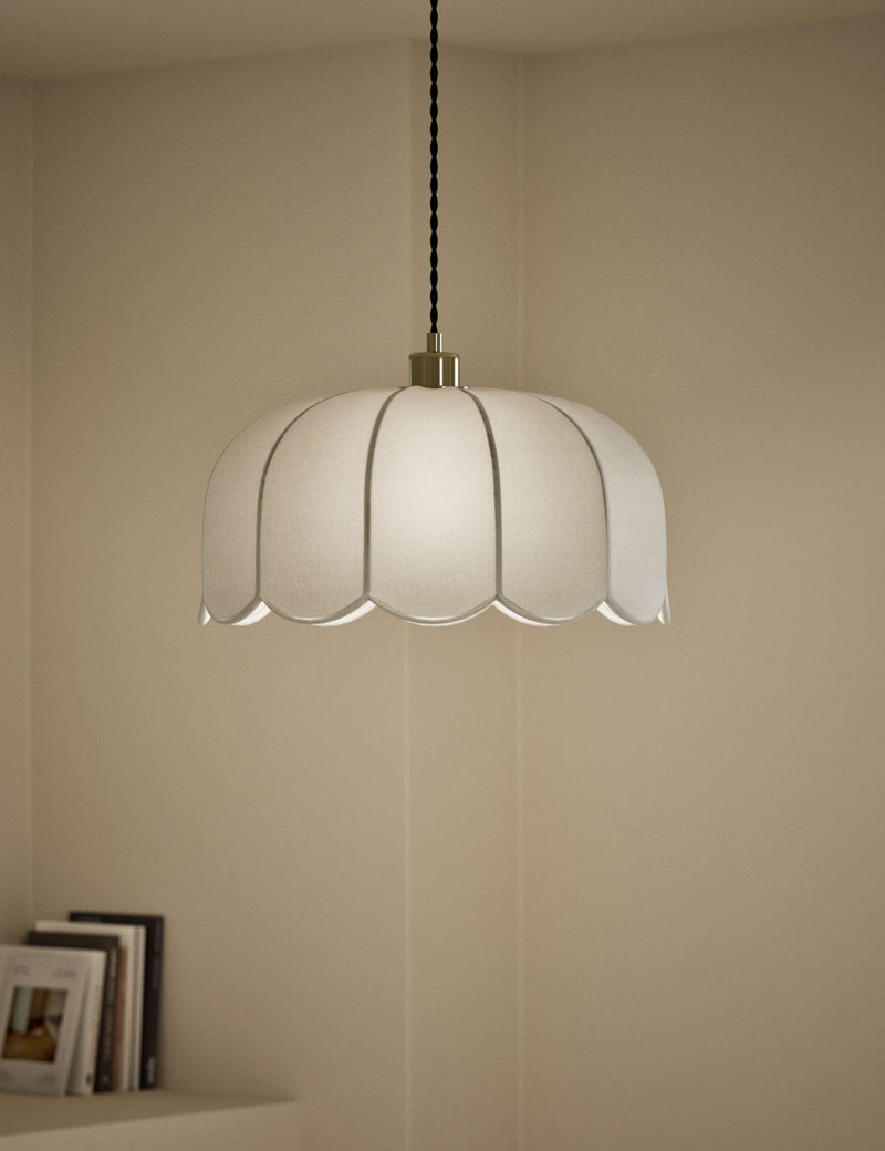 Pendant light scalloped linen with antique brass, imported from the UK