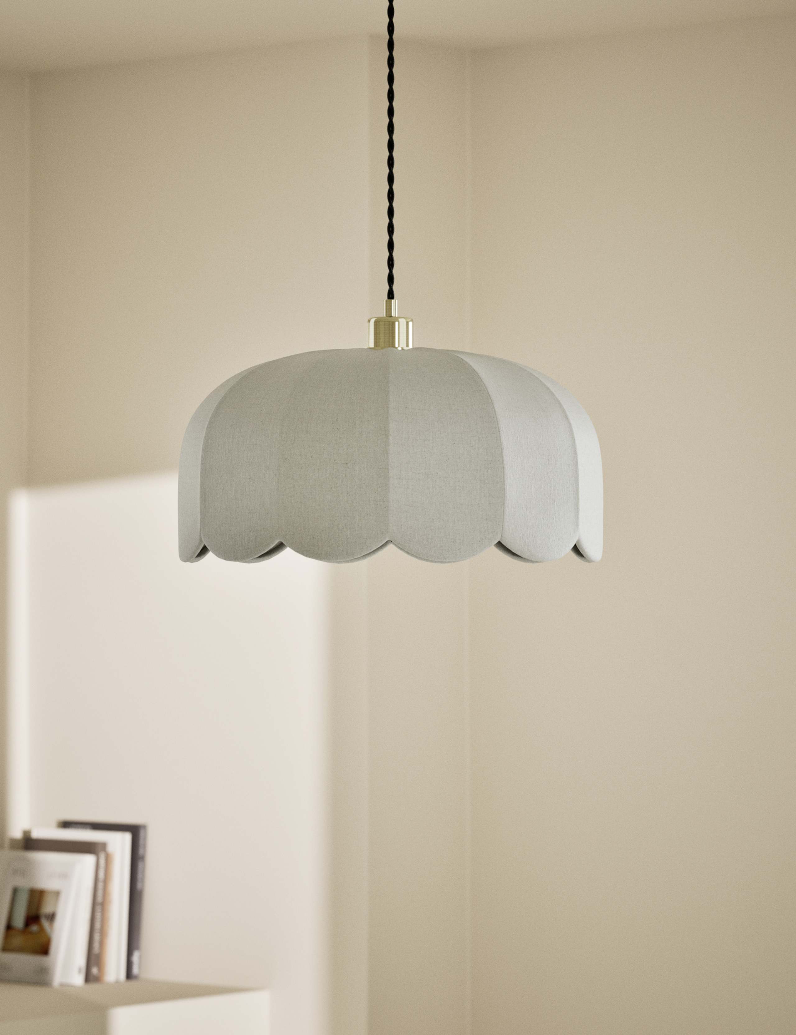 Pendant light scalloped linen with antique brass, imported from the UK