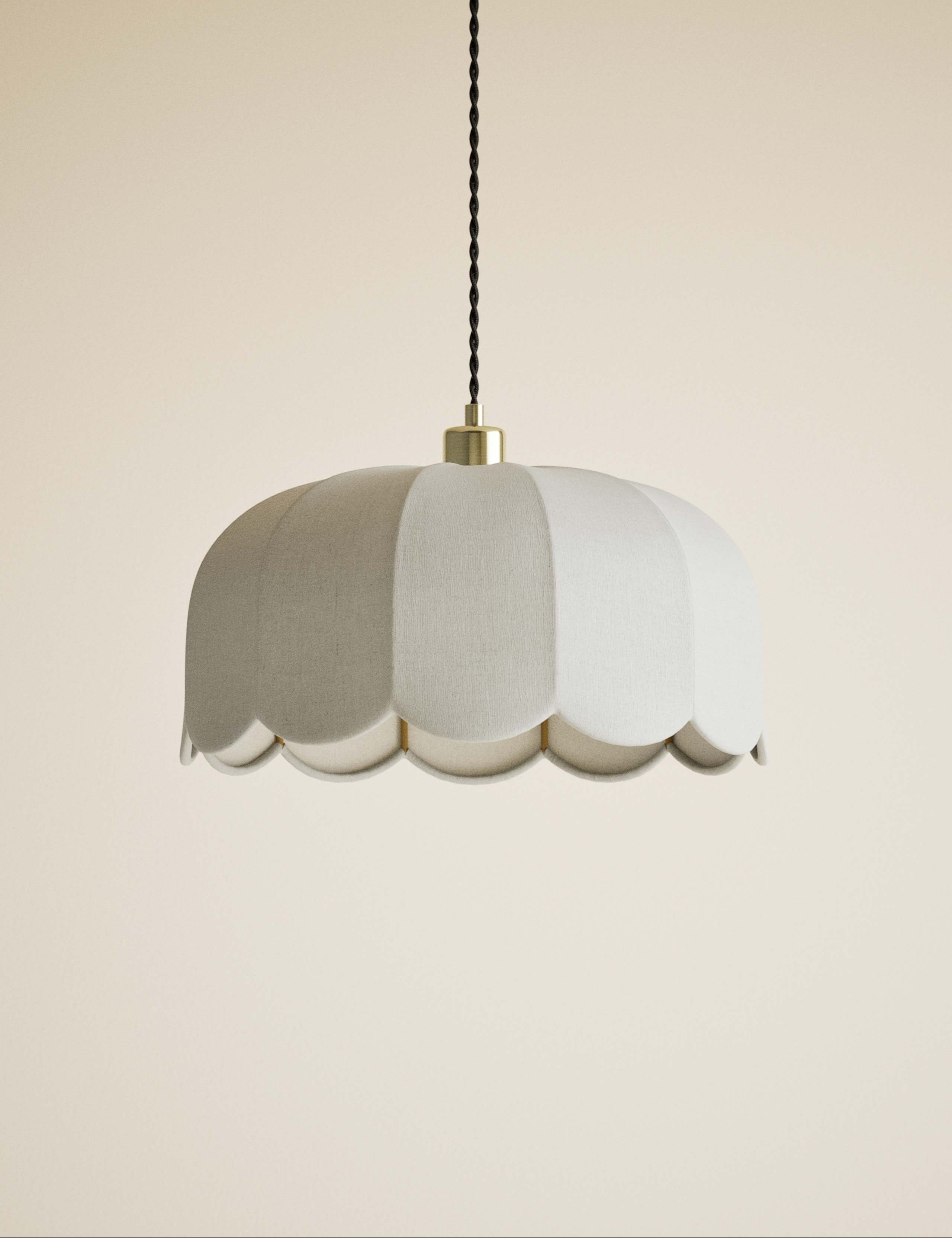 Pendant light scalloped linen with antique brass, imported from the UK