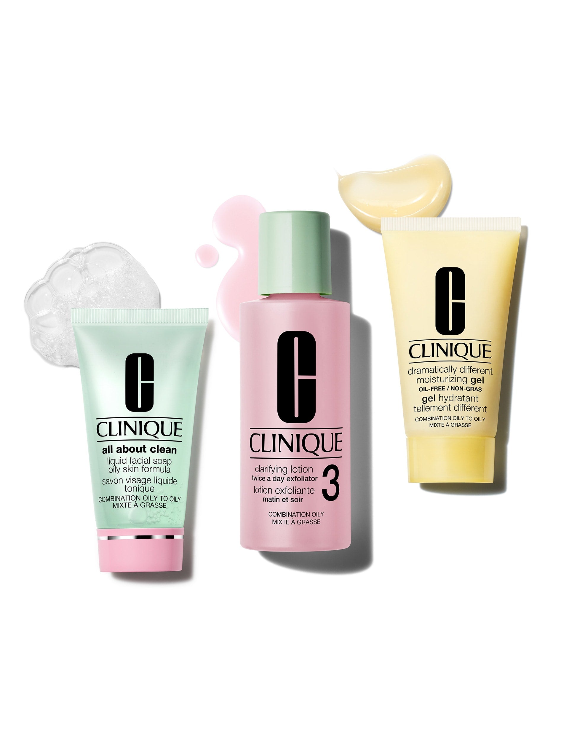 Clinique skincare cleansing kit for combination oily skin with cleanser, exfoliator, and moisturizer (British brand)