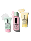 Clinique skincare cleansing kit for combination oily skin with cleanser, exfoliator, and moisturizer (British brand)