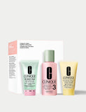 Clinique skincare cleansing kit for combination oily skin with cleanser, exfoliator, and moisturizer (British brand)