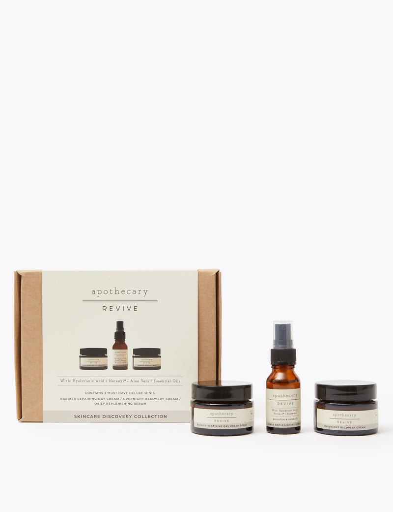 Apothecary Revive skincare discovery set with day cream, night cream, and serum (British brand)
