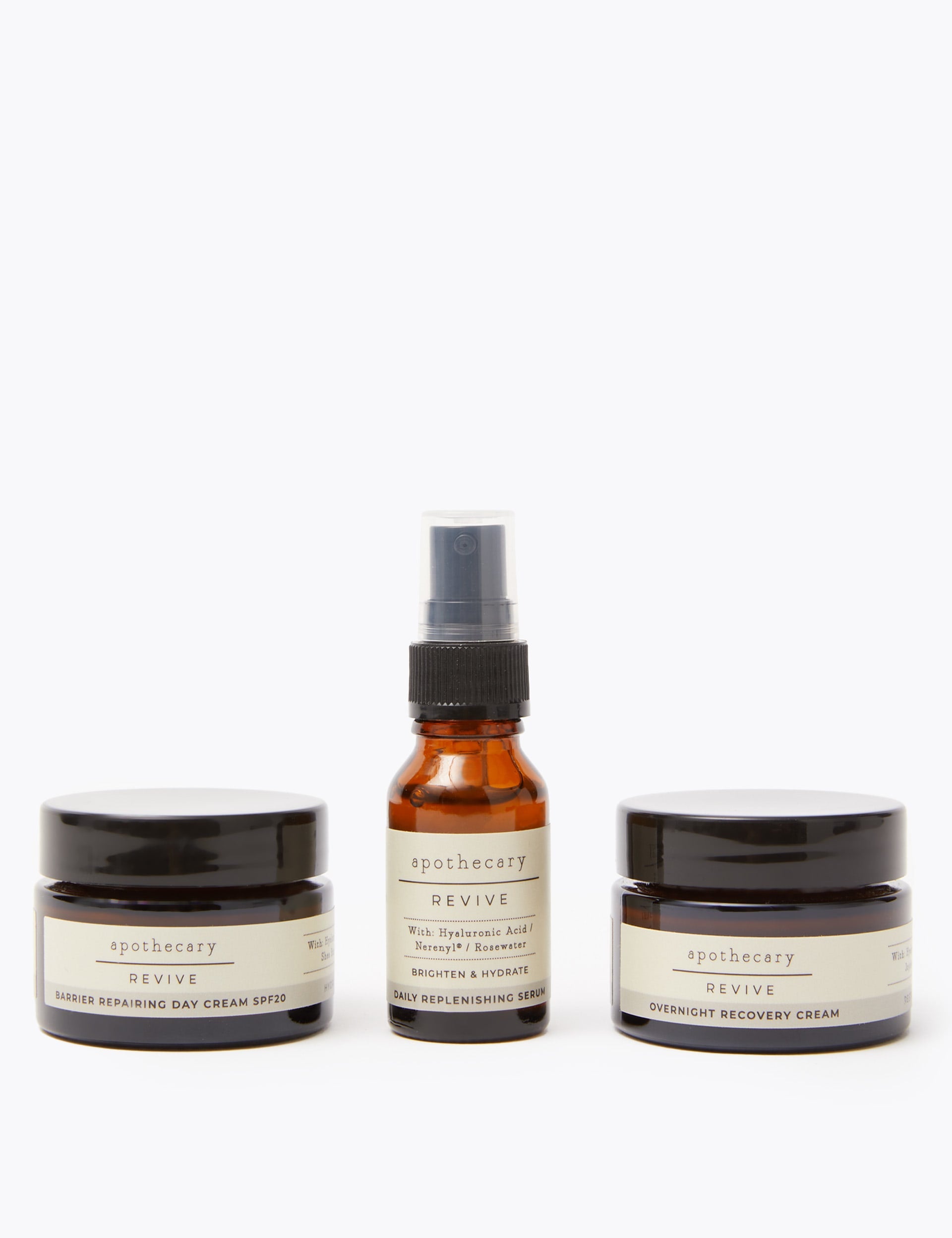Apothecary Revive skincare discovery set with day cream, night cream, and serum (British brand)