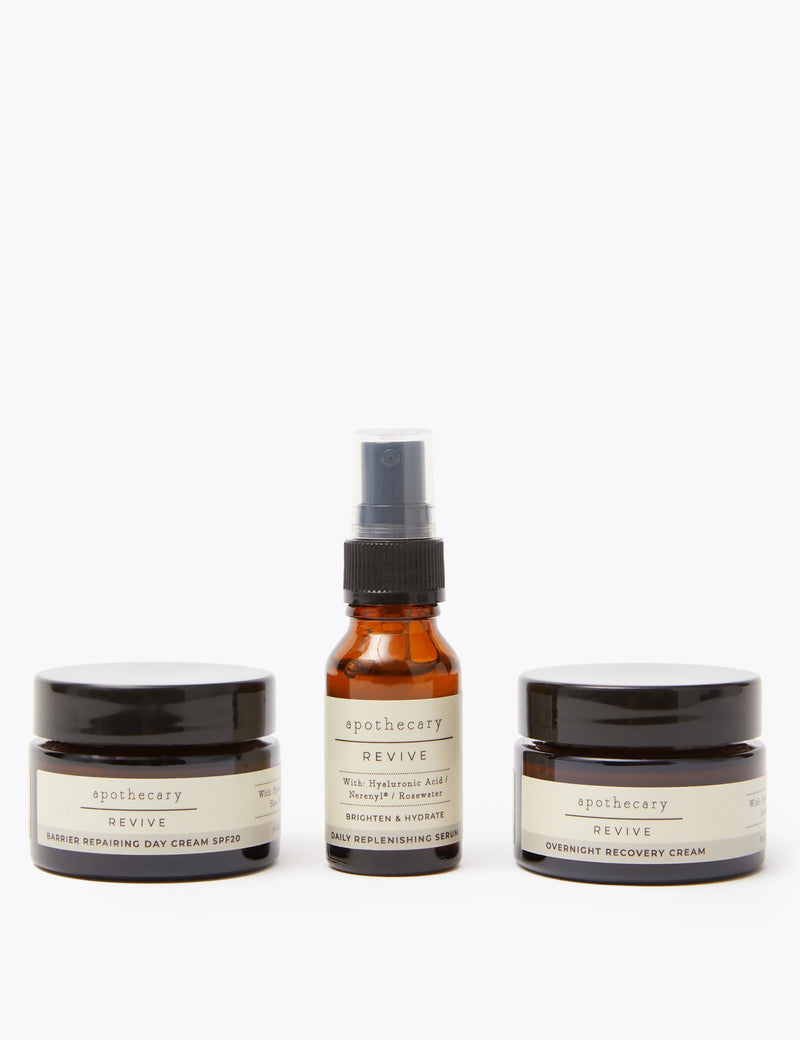 Apothecary Revive skincare discovery set with day cream, night cream, and serum (British brand)