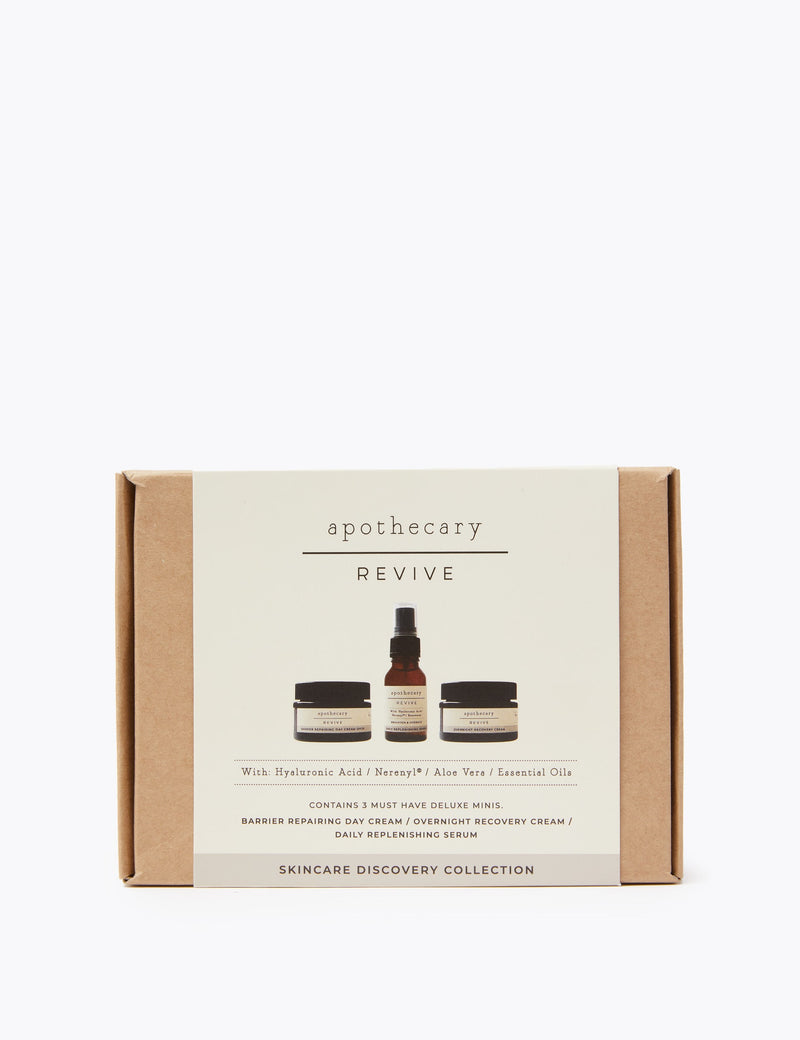 Apothecary Revive skincare discovery set with day cream, night cream, and serum (British brand)