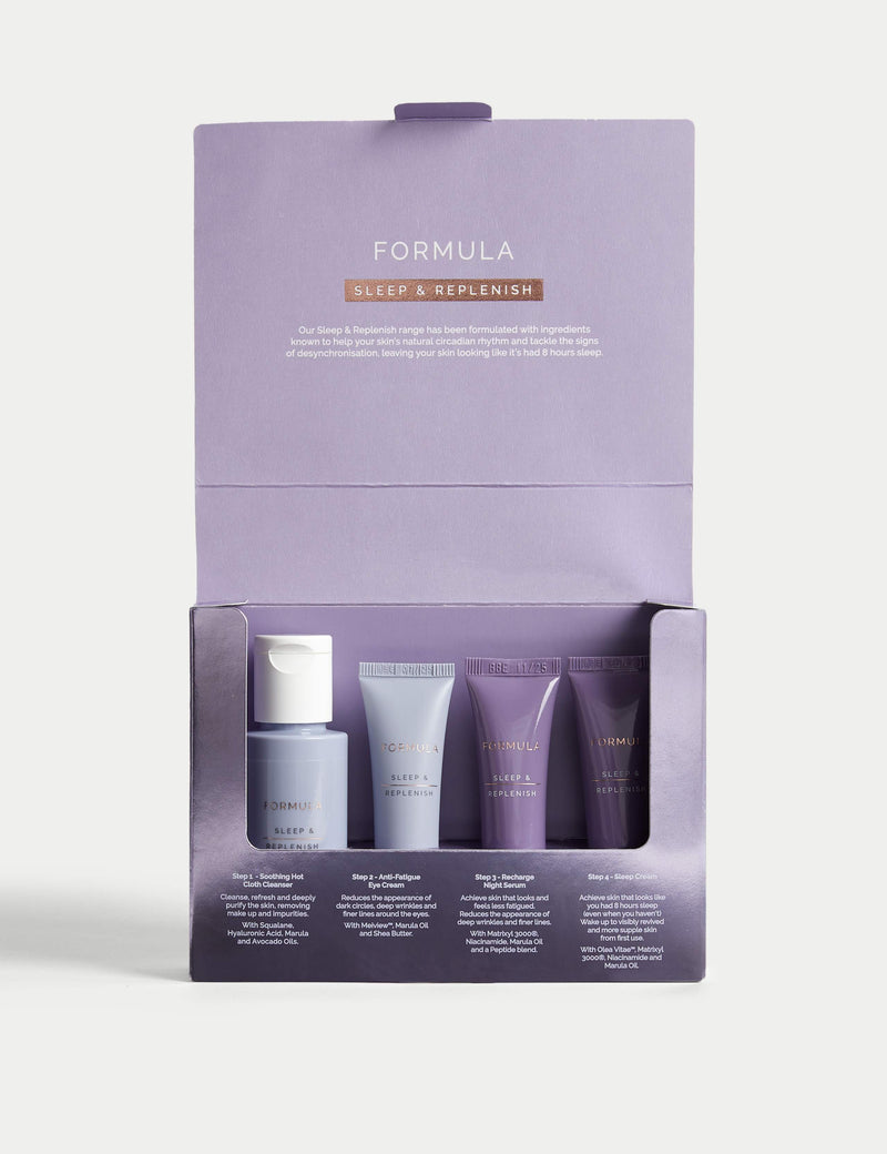 Sleep & Replenish night skincare discovery set (British brand)