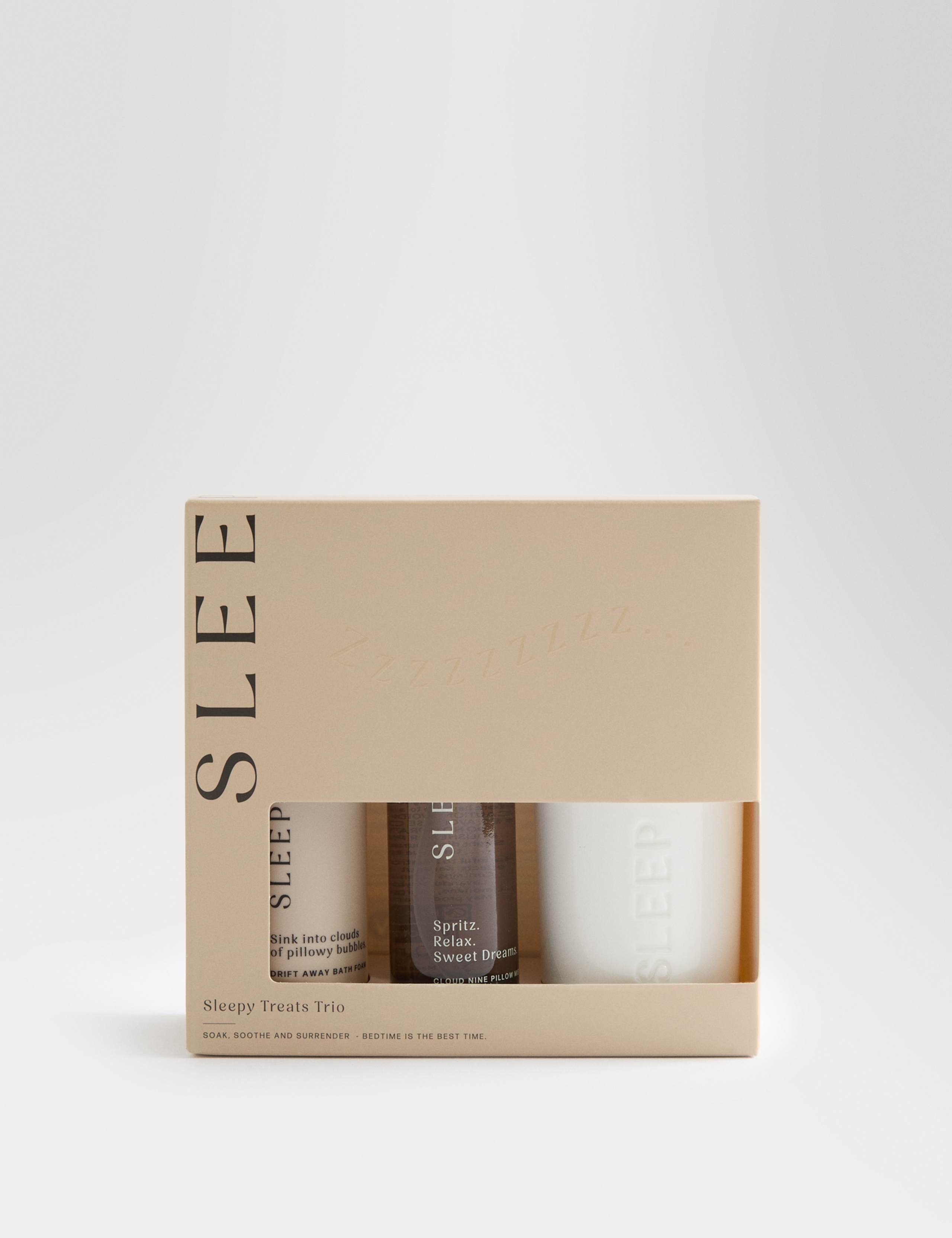 Sleepy Treats Trio gift set with pillow mist, bath foam, and candle (British brand)