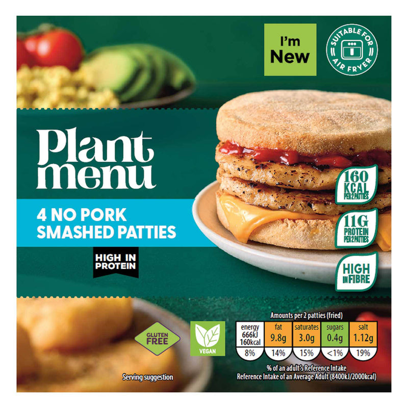 Frozen smashed sausage patty with textured vegetable protein (British brand)