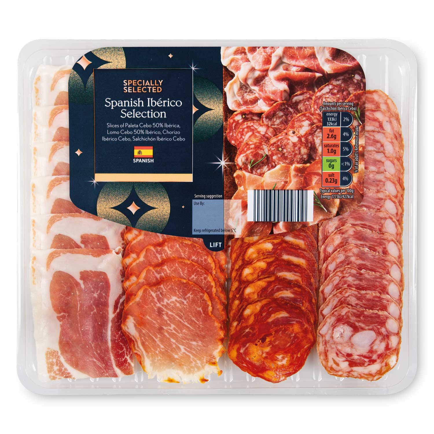 Spanish Iberico charcuterie selection with chorizo and lomo, imported from the UK