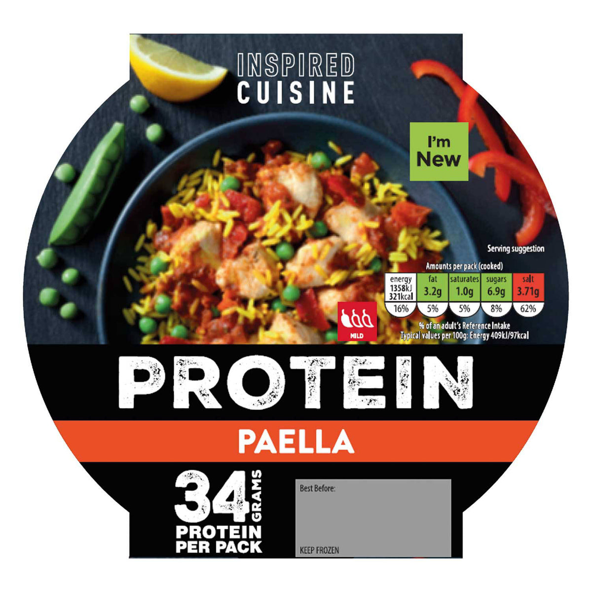 Spanish paella protein pot with chicken and turmeric rice, UK version
