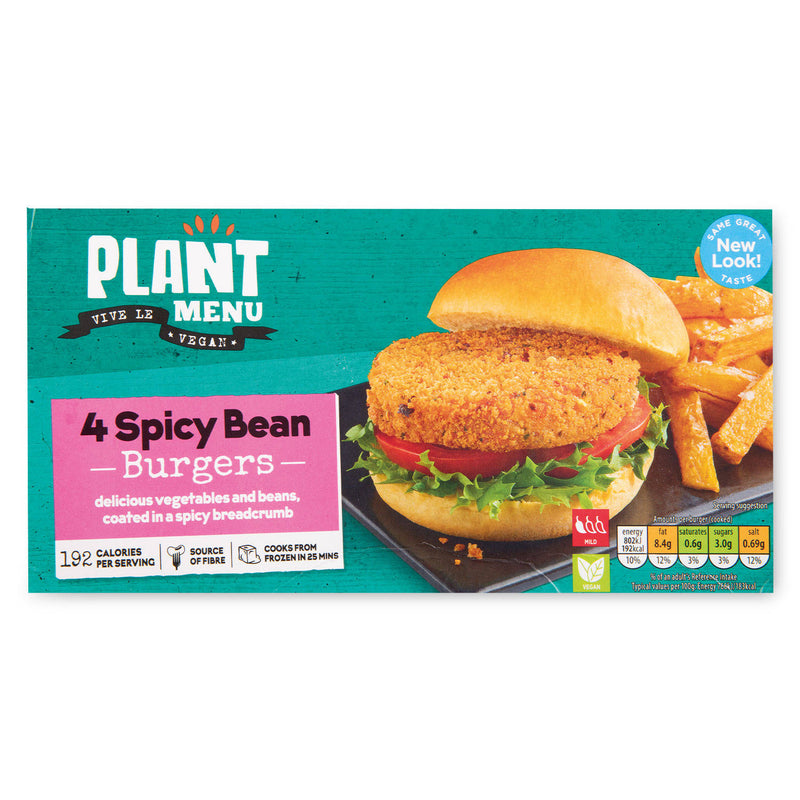Frozen spicy bean burgers 4 pack from a British brand