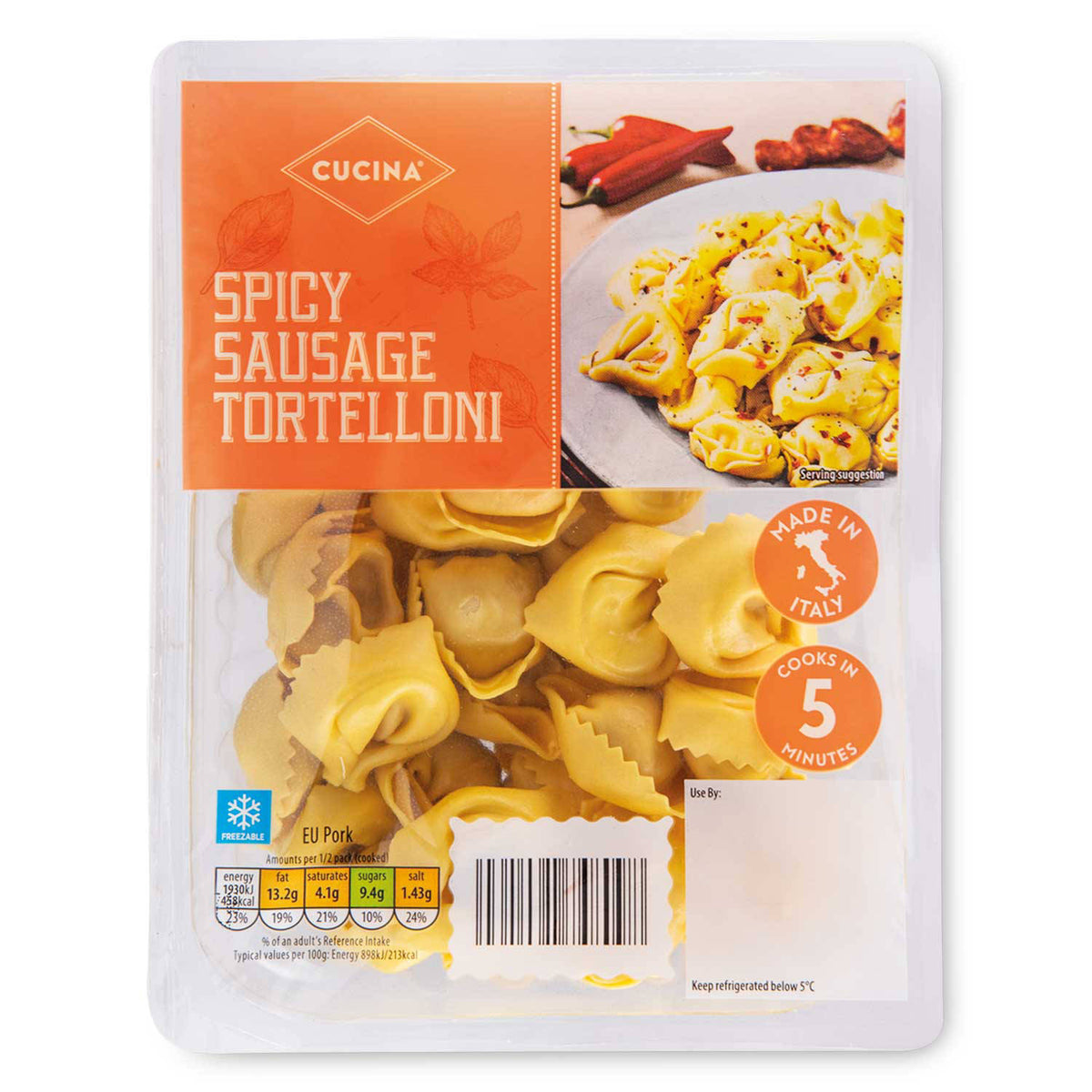 Spicy sausage tortelloni fresh egg pasta, imported from the UK