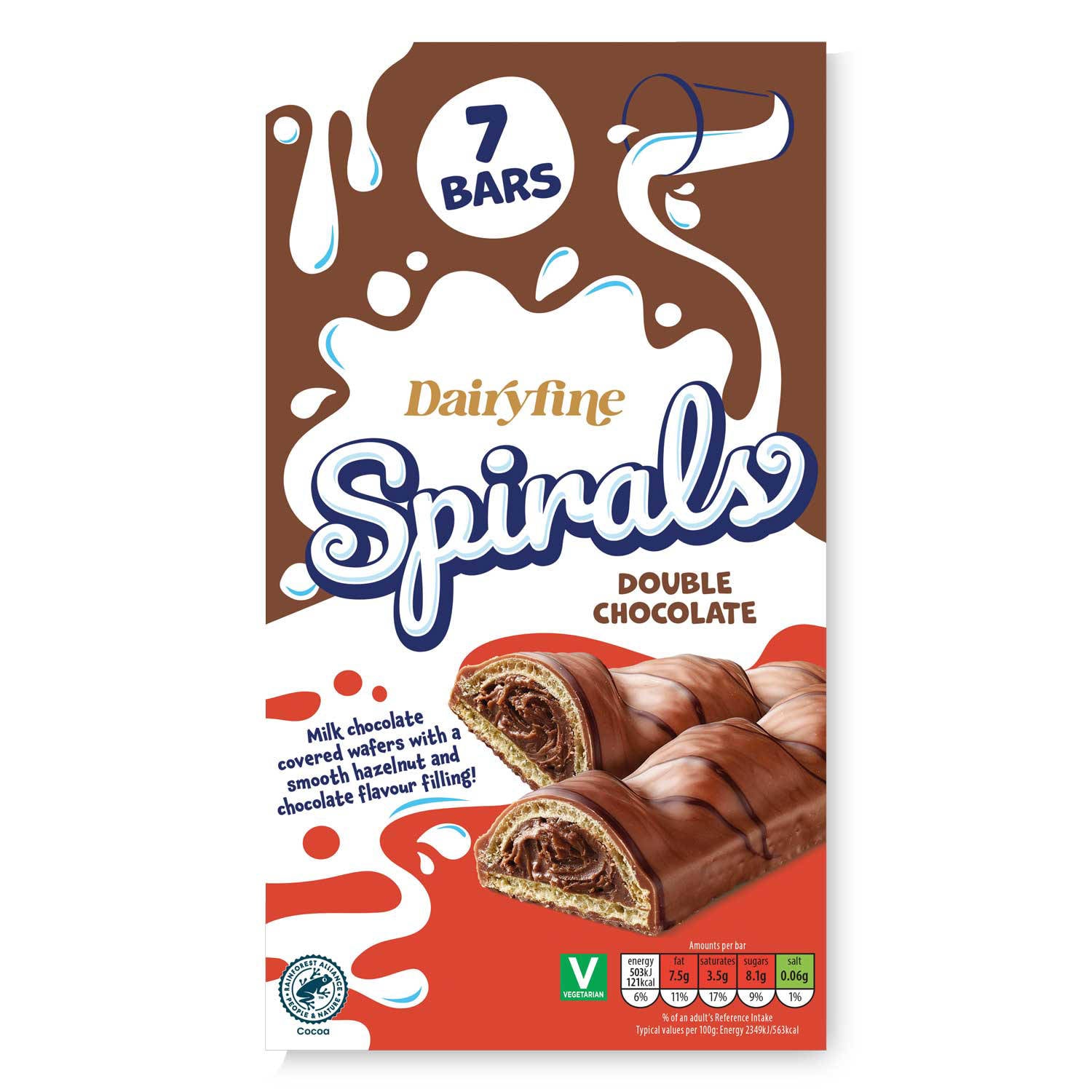 Spirals double chocolate wafer snacks 7 pack, imported from the UK