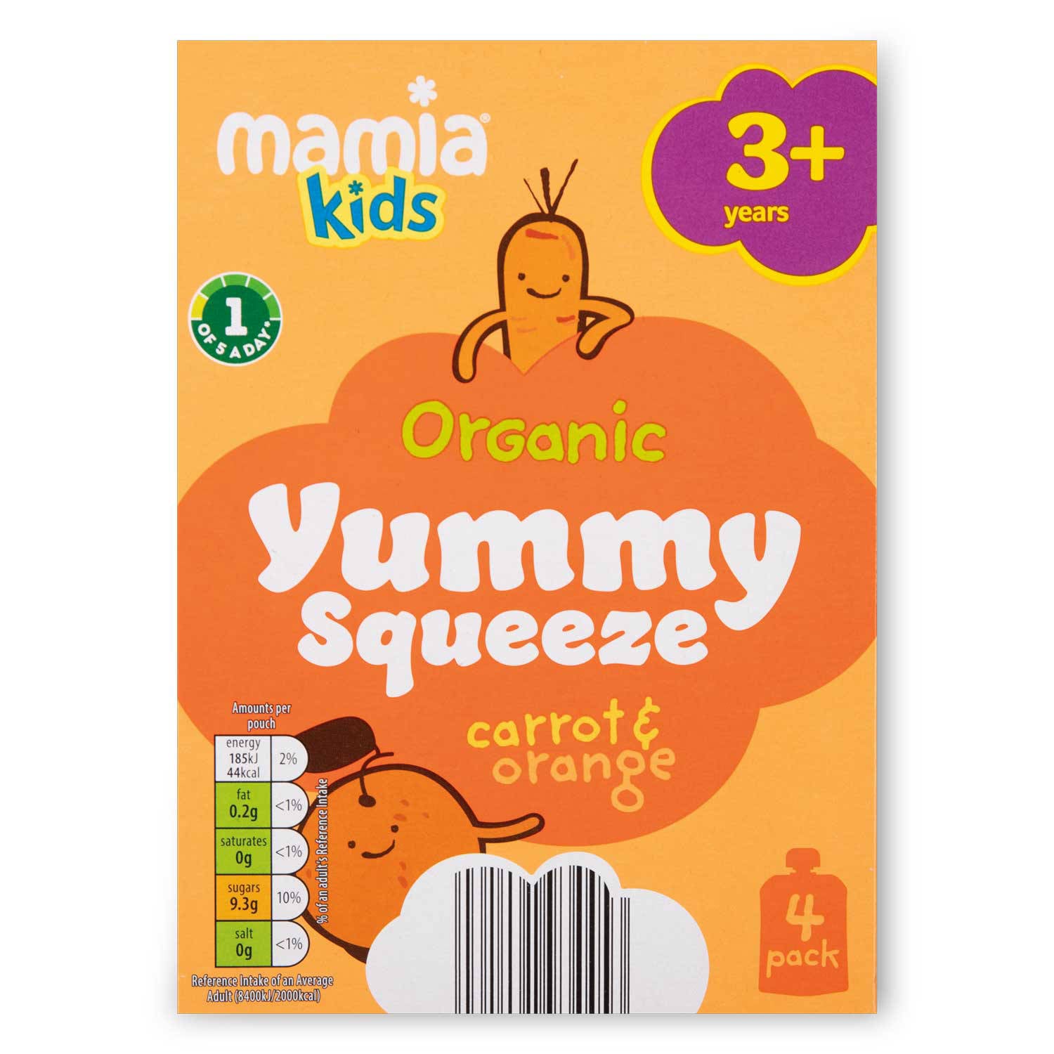 Squishy Snacks baby pouches carrot and orange 4x100g, imported from the UK