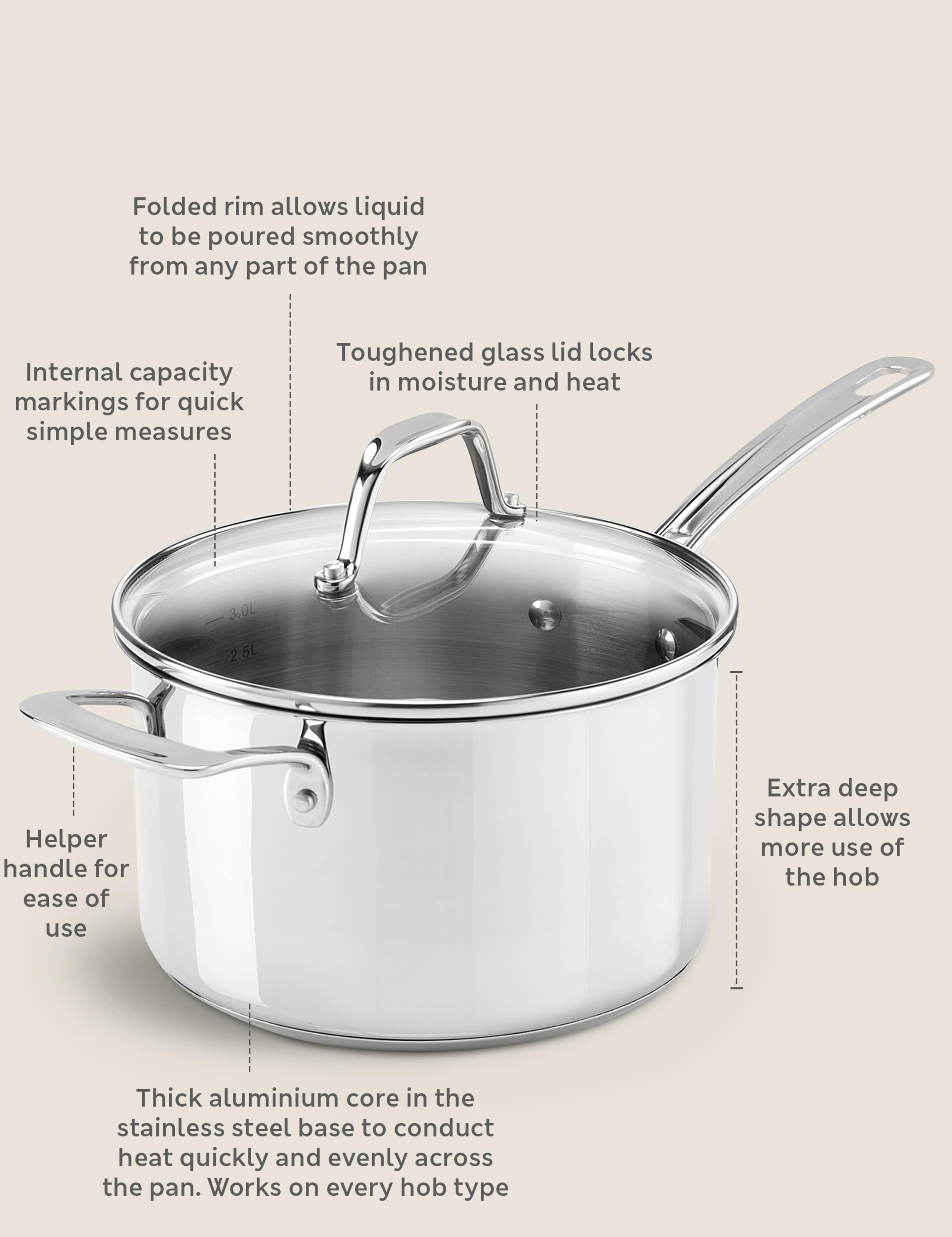 Stainless Steel 20cm Large Saucepan with glass lid (British brand)