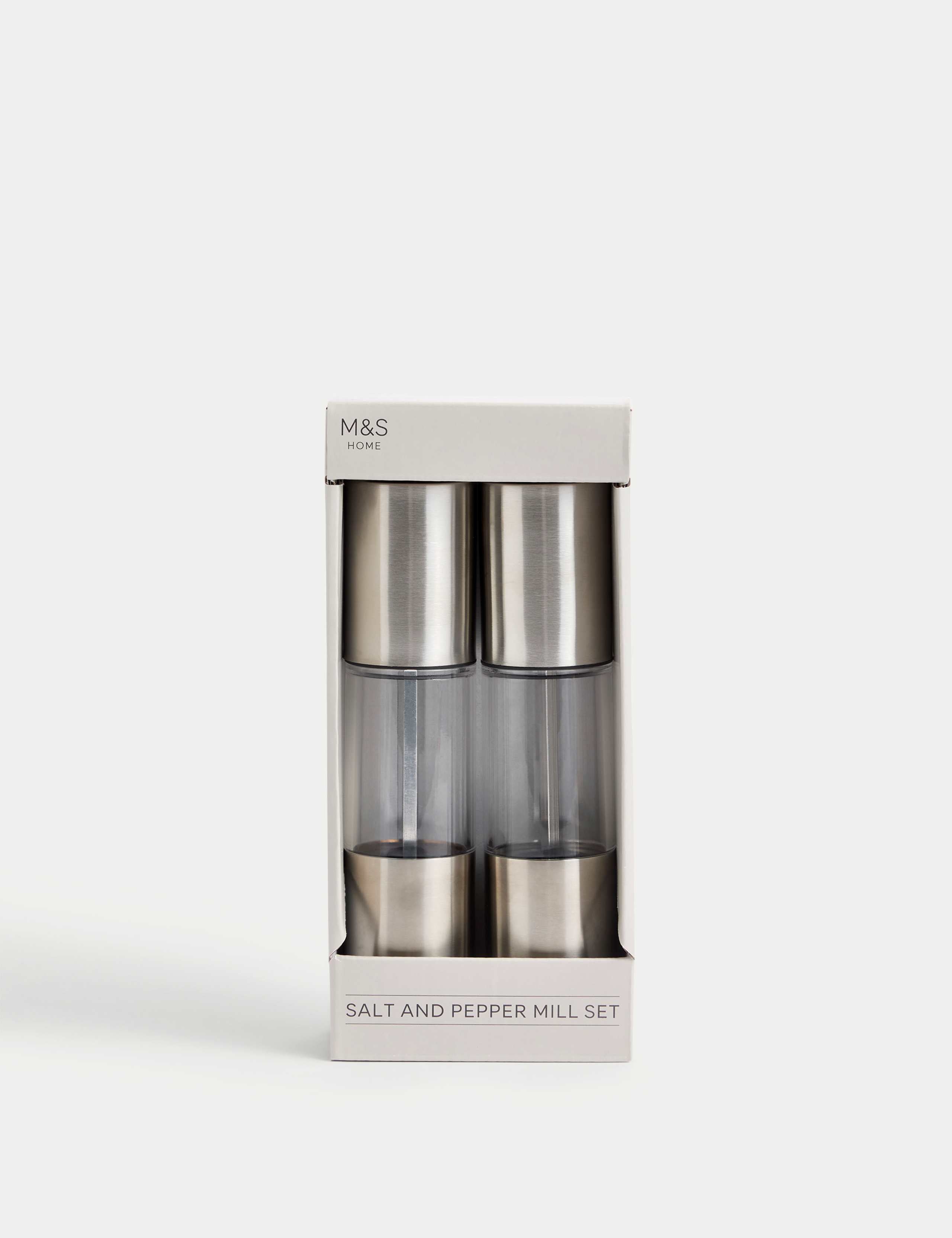 Stainless steel salt and pepper mills (British brand)