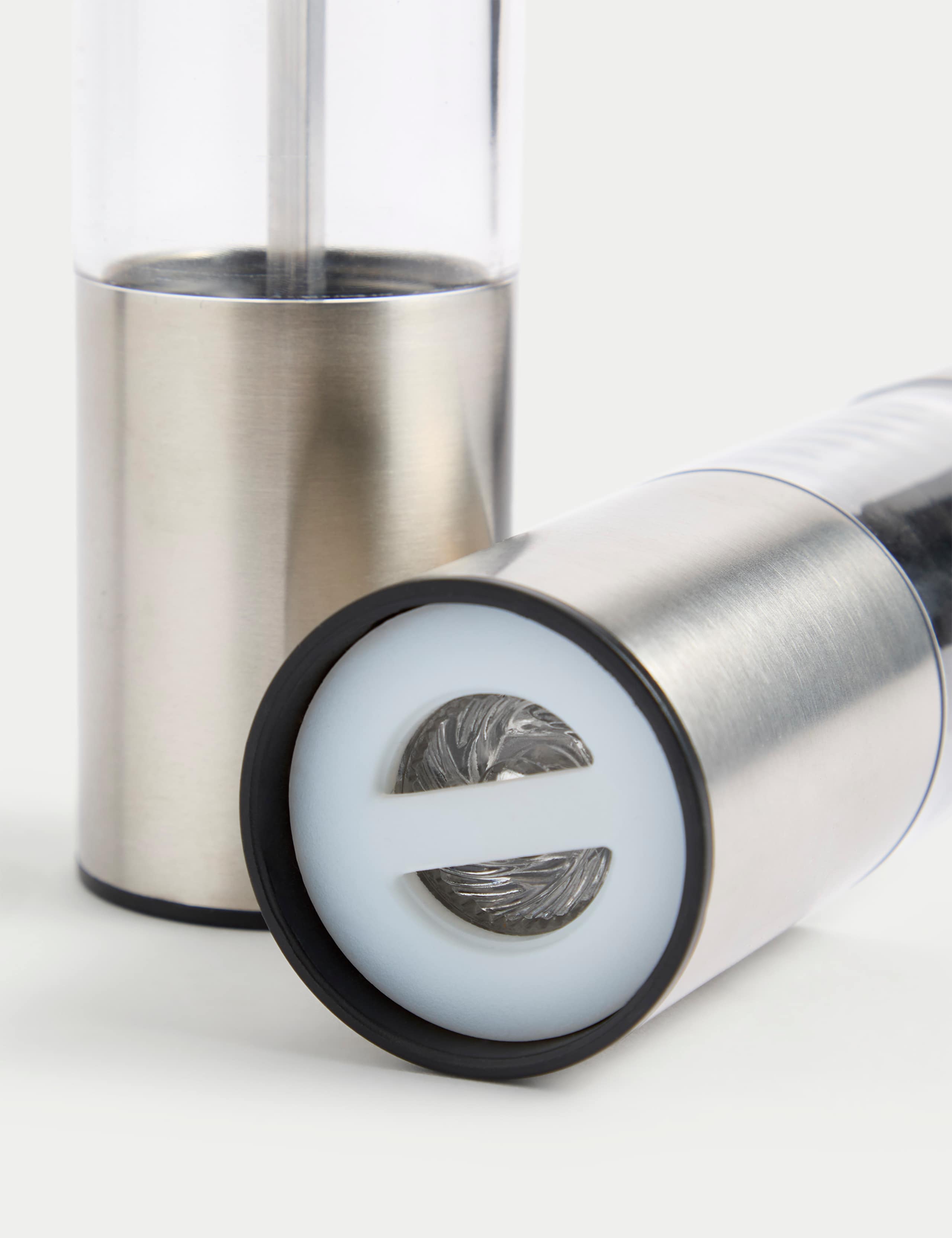 Stainless steel salt and pepper mills (British brand)