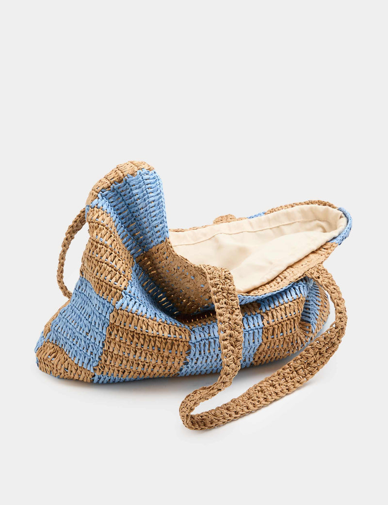 M&S straw checkerboard tote bag with drawstring fastening, UK version