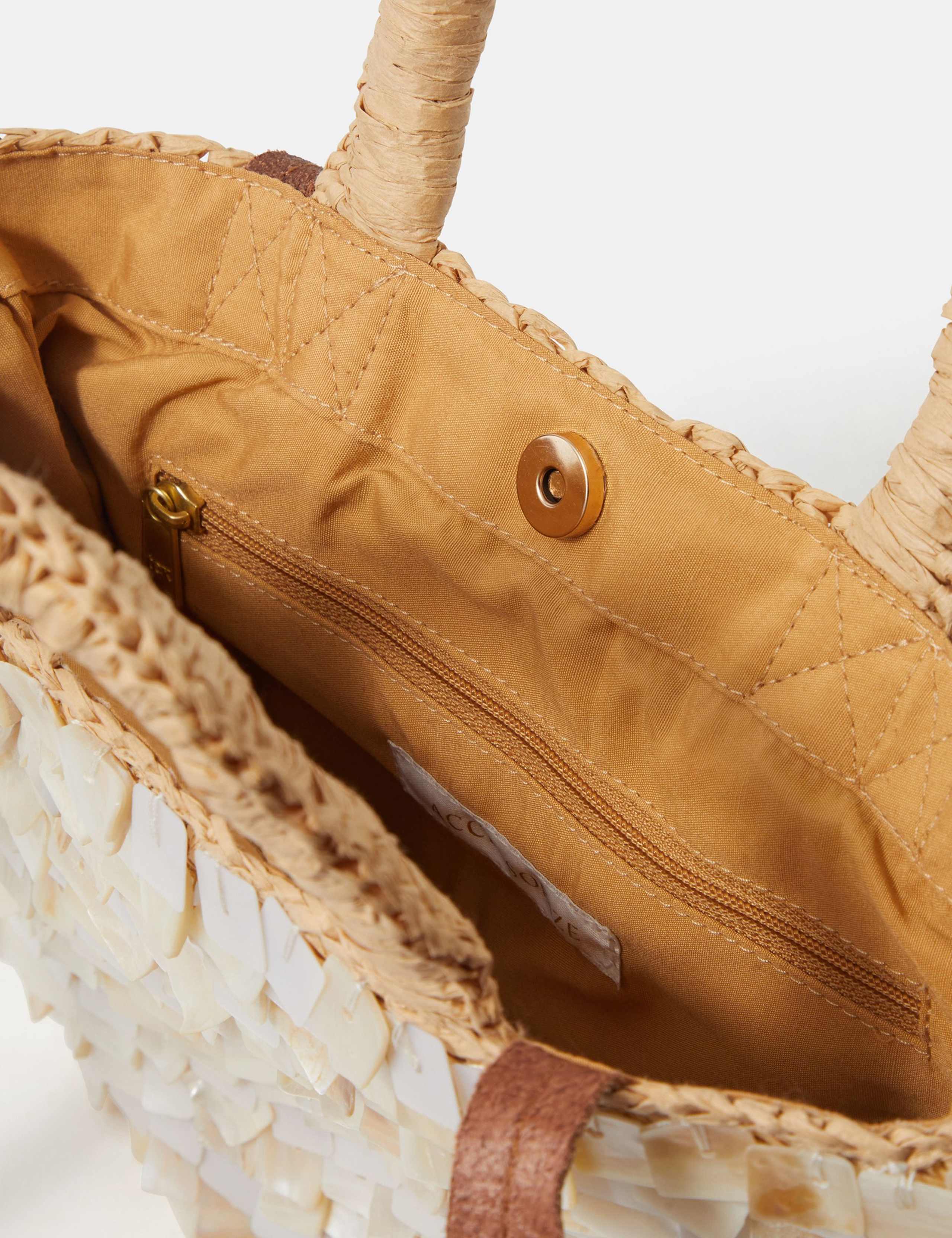 Accessorize straw embellished grab bag with raffia and mother-of-pearl, imported from the UK