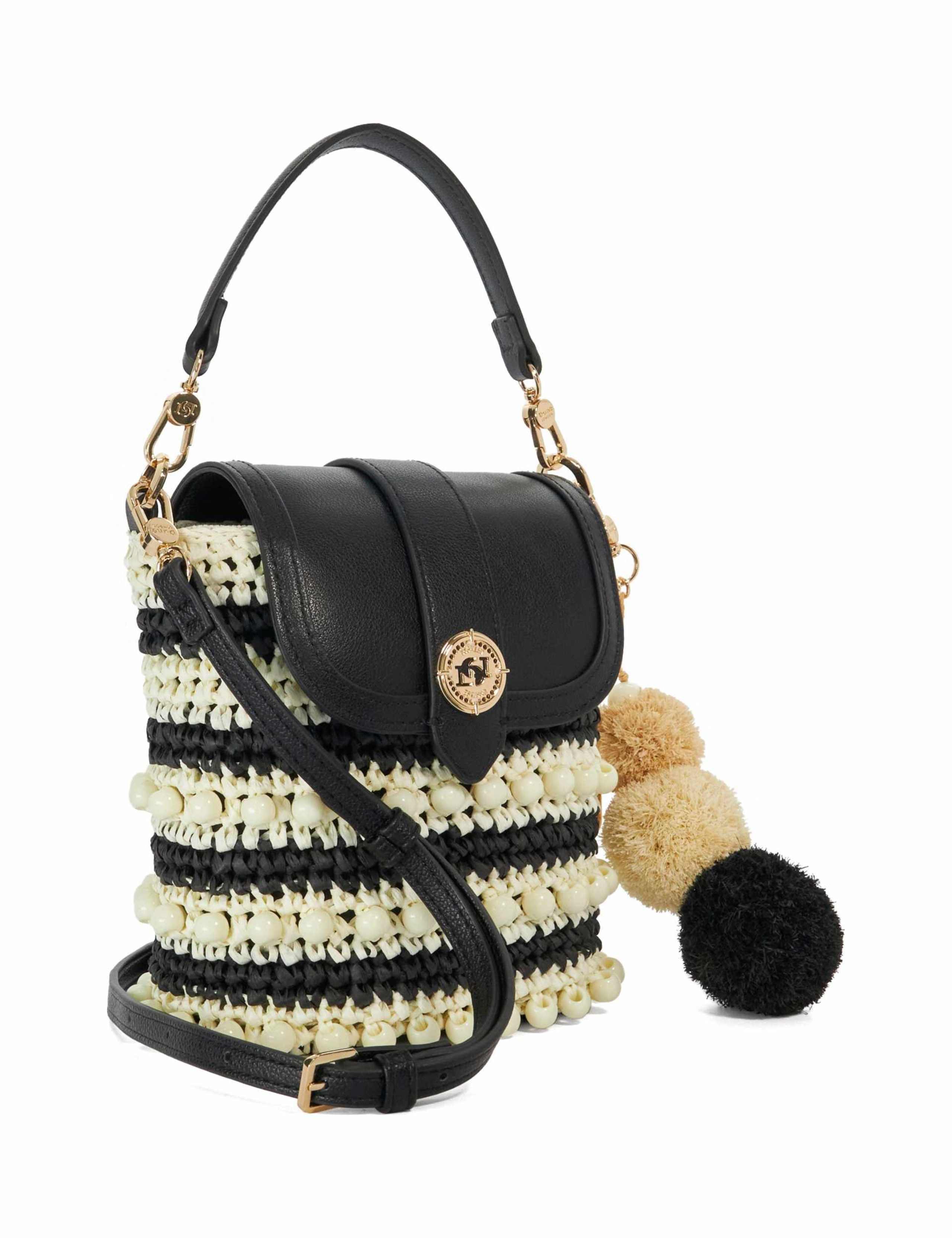Dune London straw cross body bag with pom pom charm (British brand)