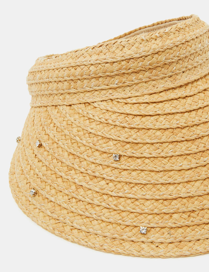 Accessorize straw visor with sparkly embellishments, imported from the UK