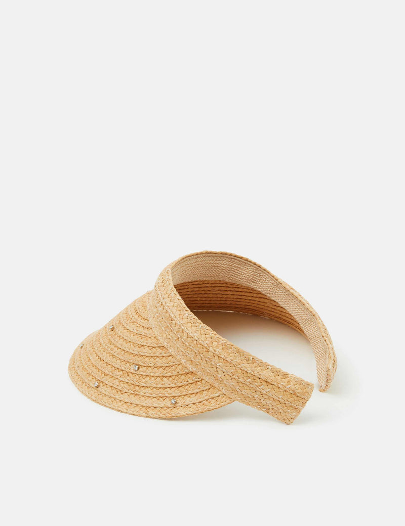 Accessorize straw visor with sparkly embellishments, imported from the UK