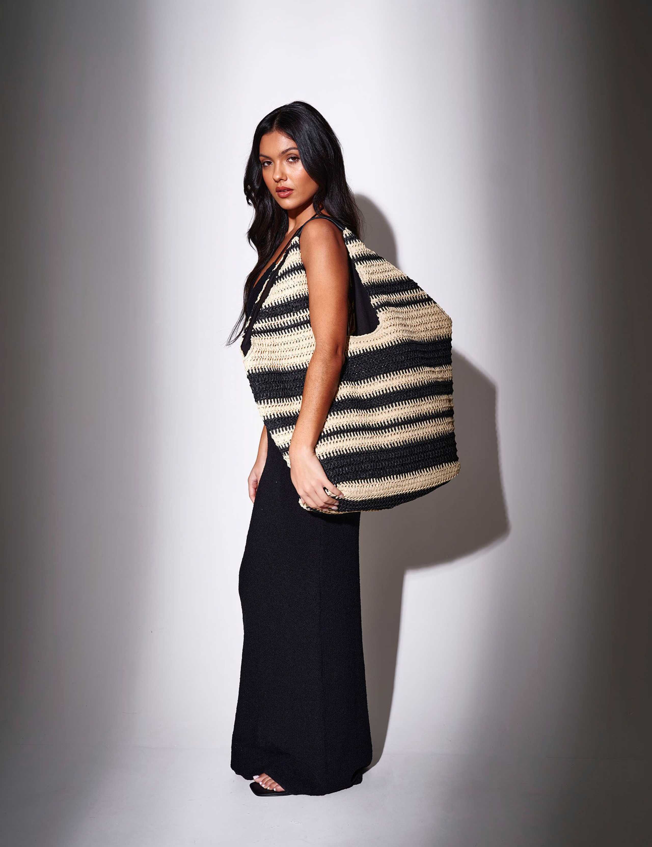 South Beach straw woven striped tote bag, imported from the UK